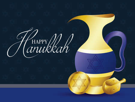 happy hanukkah celebration card with golden teapot vector illustration designのイラスト素材
