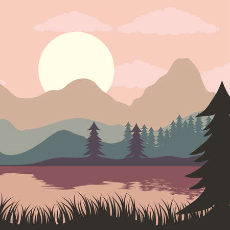 beautiful landscape sunset scene with lake and pines vector illustration designのイラスト素材