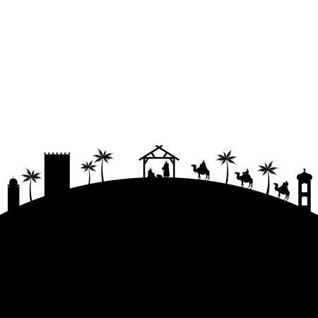 holy family mangers characters in stable with kings wise black silhouettes vector illustration designのイラスト素材