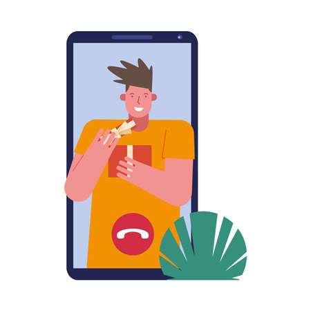 young man lifting gift in smartphone character vector illustration designのイラスト素材