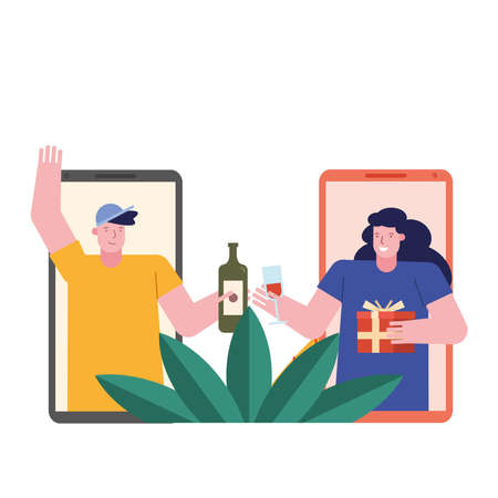 young couple celebrating with gift and wine in smartphone vector illustration designのイラスト素材