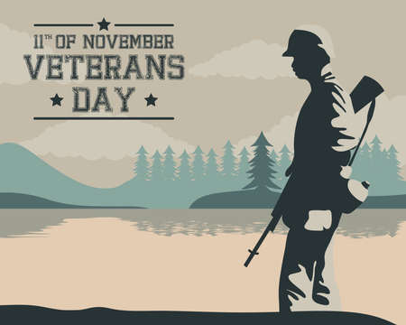 happy veterans day celebration card with soldier walking in lake scene vector illustration designのイラスト素材