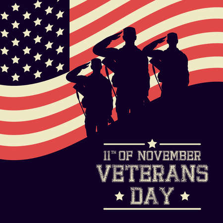 happy veterans day celebration card with soldiers saludating usa flag vector illustration designのイラスト素材