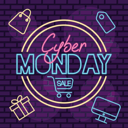 cyber monday neon circular label with shopping cart and gift vector illustration designのイラスト素材