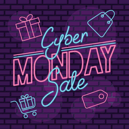 cyber monday neon label with set icons in purple wall vector illustration designのイラスト素材