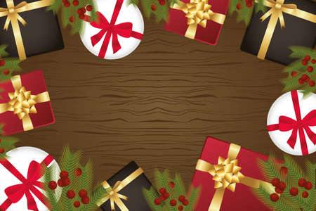 happy merry christmas gifts in wooden background vector illustration designのイラスト素材