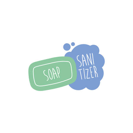 sanitizer lettering campaign with soap bar hand made flat style vector illustration designのイラスト素材