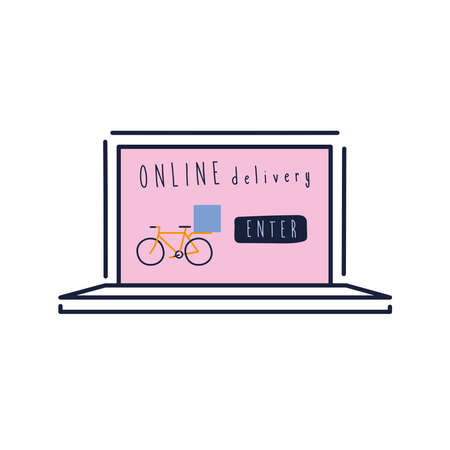 onflat delivery lettering campaign with bycicle in laptop flat style vector illustration designのイラスト素材