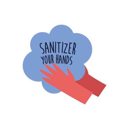 sanitizer your hands lettering campaign hand made flat style vector illustration designのイラスト素材