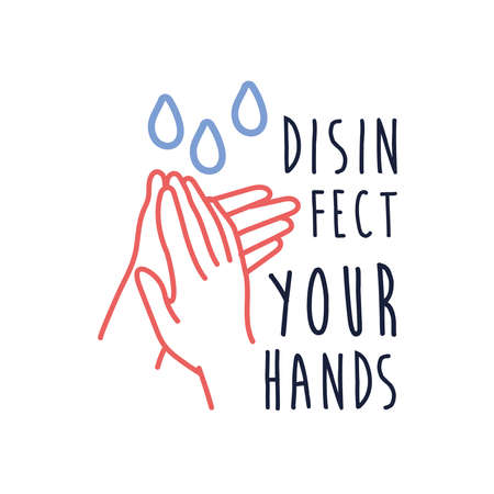 disinfect your hands lettering campaign hand made flat style vector illustration designのイラスト素材