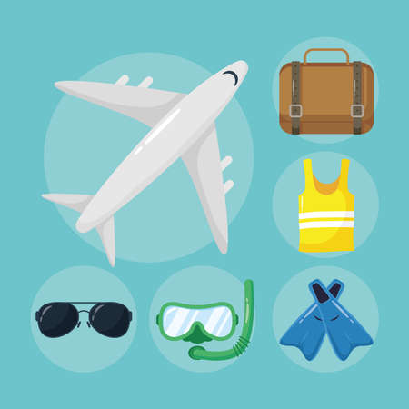airplane flying and flat style set icons vector illustration designのイラスト素材