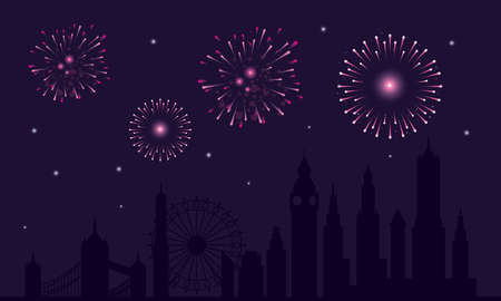 fireworks splash lights in sky night of london city vector illustration designのイラスト素材