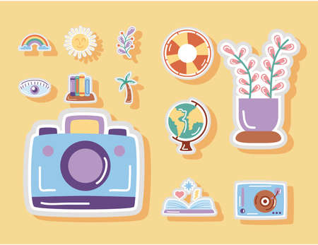 camera pothographic and set stickers flat style icons vector illustration designのイラスト素材