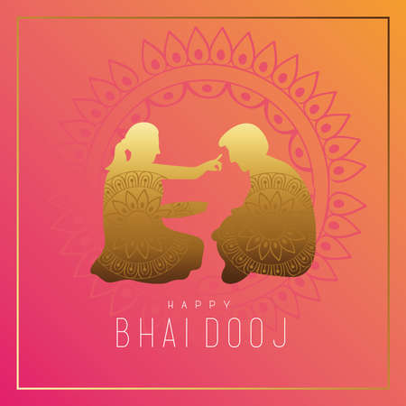 happy bhai dooj celebration card with brother and sister golden silhouette vector illustration designのイラスト素材