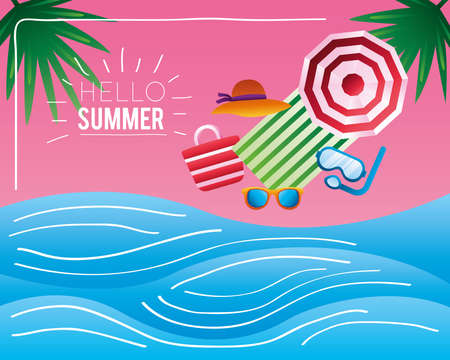 hello summer season lettering with set icons on the beach vector illustration designのイラスト素材
