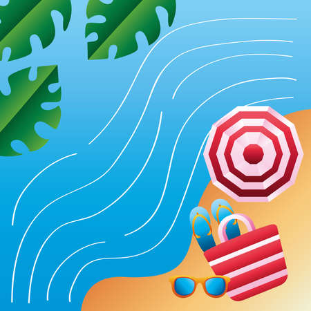 hello summer season with umbrella on the beach vector illustration designのイラスト素材