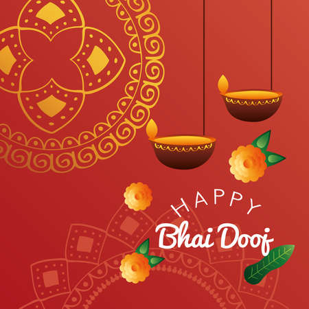 happy bhai dooj celebration card with candles and mandala hanging vector illustration designのイラスト素材