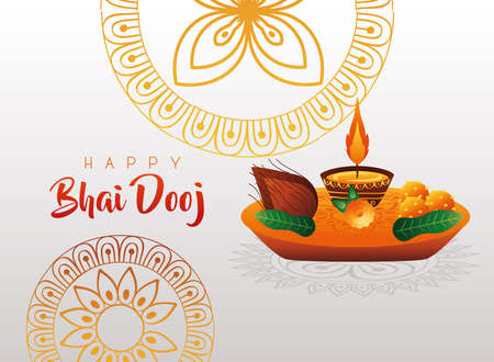 happy bhai dooj celebration card with candle and food in golden mandalas vector illustration designのイラスト素材