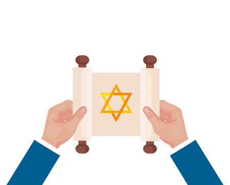 hands lifting jewish golden star hanukkah in patchment vector illustration designのイラスト素材