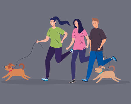 women and man running with dogs design, Outdoor activity theme Vector illustrationのイラスト素材