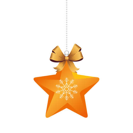 christmas golden star and ribbon bow hanging decoration icon vector illustration designのイラスト素材
