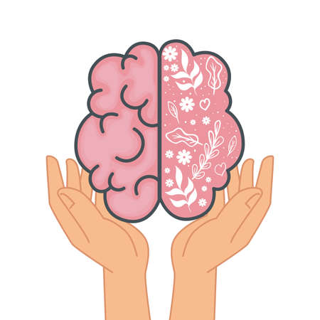 mental health hands lifting brain organ with flowers and leafs vector illustration designのイラスト素材