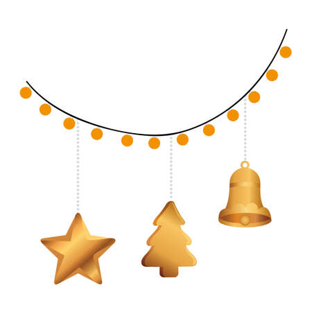christmas golden decoration hanging in lights vector illustration designのイラスト素材
