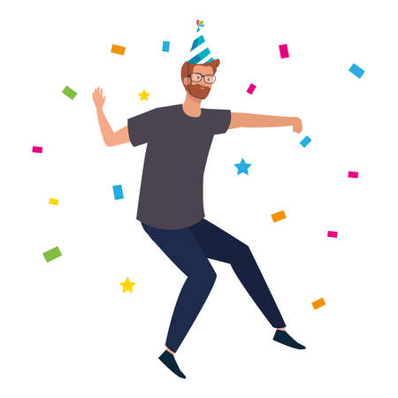 man dancing with party hat and confetti design, celebration event happy birthday holiday surprise anniversary and decorative theme Vector illustrationのイラスト素材