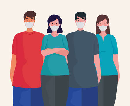 group of people wearing medical masks characters vector illustration designのイラスト素材