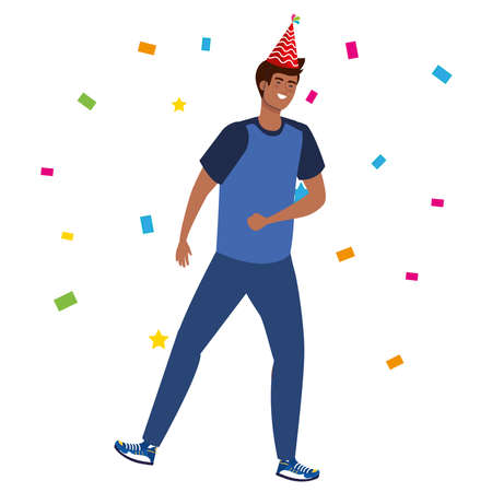 black man dancing with party hat and confetti design, celebration event happy birthday holiday surprise anniversary and decorative theme Vector illustrationのイラスト素材