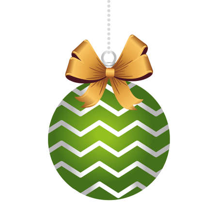 happy merry christmas green ball with stripes and golden bow vector illustration designのイラスト素材