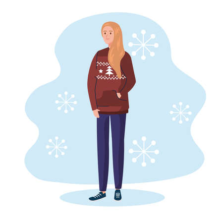 woman with merry christmas brown sweater design, winter season and decoration theme illustrationのイラスト素材