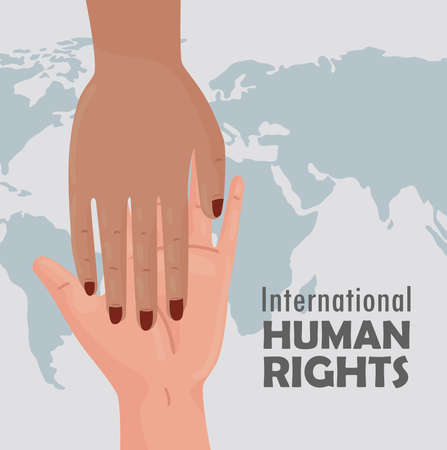 international human rights lettering poster with interracial handshake vector illustration designのイラスト素材