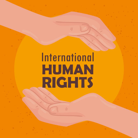 international human rights lettering poster with hands protecting vector illustration designのイラスト素材