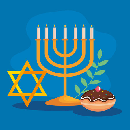 Happy hanukkah menorah star and sufganiot design, holiday celebration judaism religion festival traditional and culture theme Vector illustrationのイラスト素材