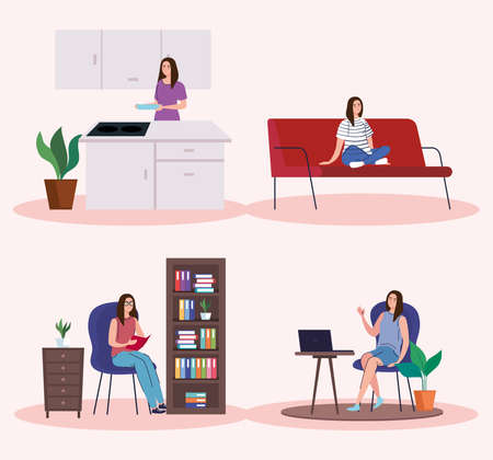 Women doing activities from home icon collection design of telecommuting and activity theme Vector illustrationのイラスト素材