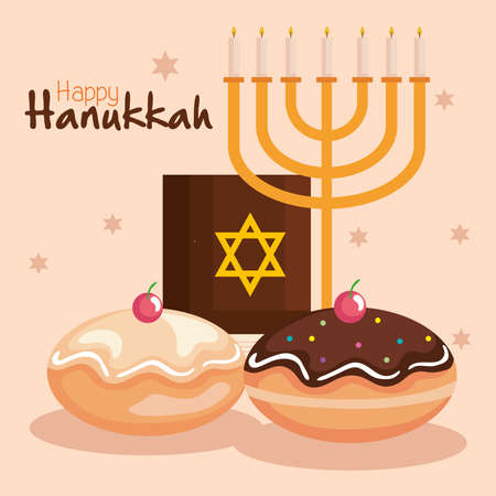 Happy hanukkah menorah torah and sufganiot design, holiday celebration judaism religion festival traditional and culture theme Vector illustrationのイラスト素材
