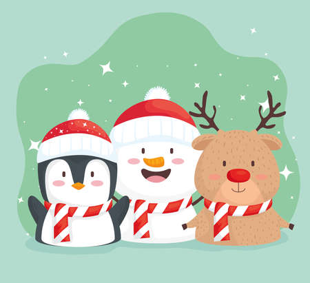 happy merry christmas snowman with penguin and deer characters vector illustration designのイラスト素材