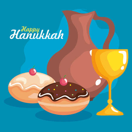 Happy hanukkah cup oil pitcher and sufganiot design, holiday celebration judaism religion festival traditional and culture theme Vector illustrationのイラスト素材
