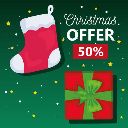 merry christmas offer sale with boot and gift design, winter season and decoration theme Vector illustrationのイラスト素材