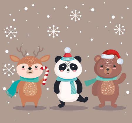 panda bear and reindeer cartoons in merry christmas season design, winter and decoration theme Vector illustrationのイラスト素材