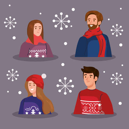 men and women with merry christmas sweaters design, winter season and decoration theme illustrationのイラスト素材
