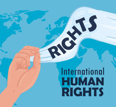 international human rights lettering poster with hands waving white flag vector illustration designのイラスト素材