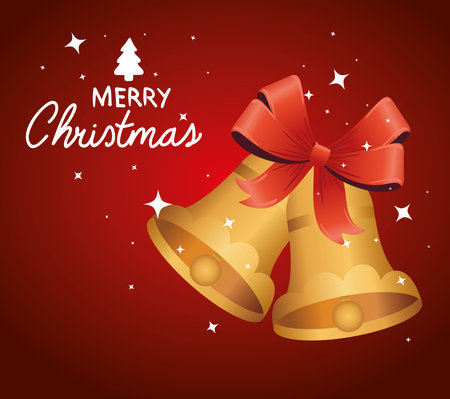 happy merry christmas lettering card with golden bells and bow vector illustration designのイラスト素材