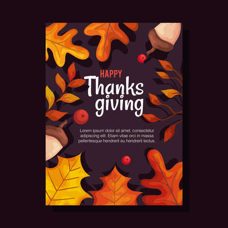 thanksgiving day card with autumn leaves and acorns design, season theme Vector illustrationのイラスト素材