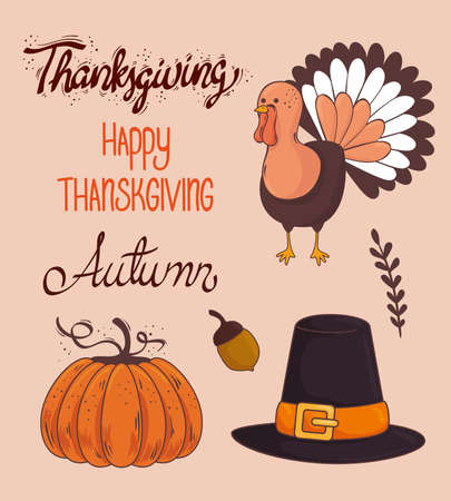 happy thanksgiving celebration lettering card with bundle icons vector illustration designのイラスト素材