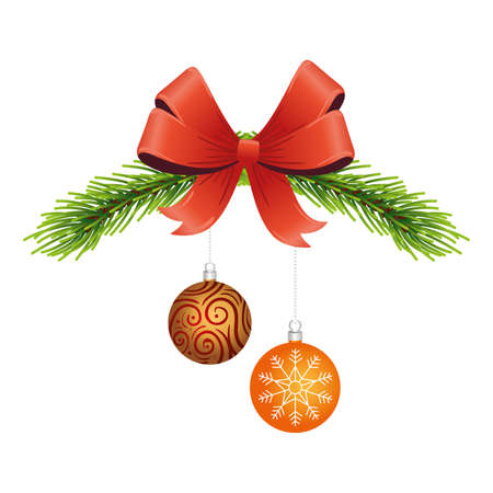 happy merry christmas balls in pine branch and bow vector illustration designのイラスト素材