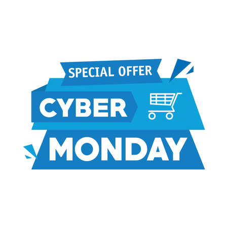 cyber monday lettering in ribbon frame with shopping cart vector illustration designのイラスト素材