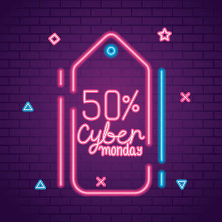 cyber monday 50 sale in label neon design on bricks background, offer ecommerce shopping online theme Vector illustrationのイラスト素材