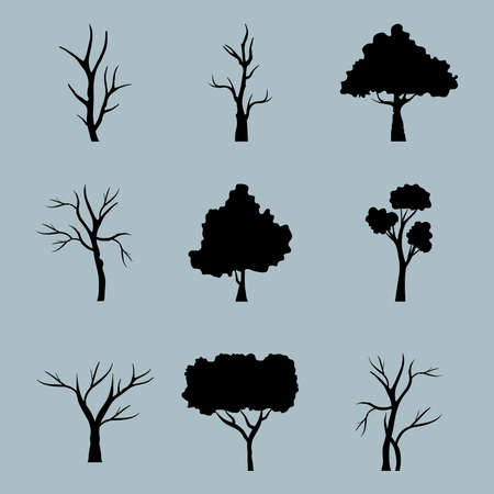 bundle of nine trees forest silhouette style icons in blue background vector illustration designのイラスト素材